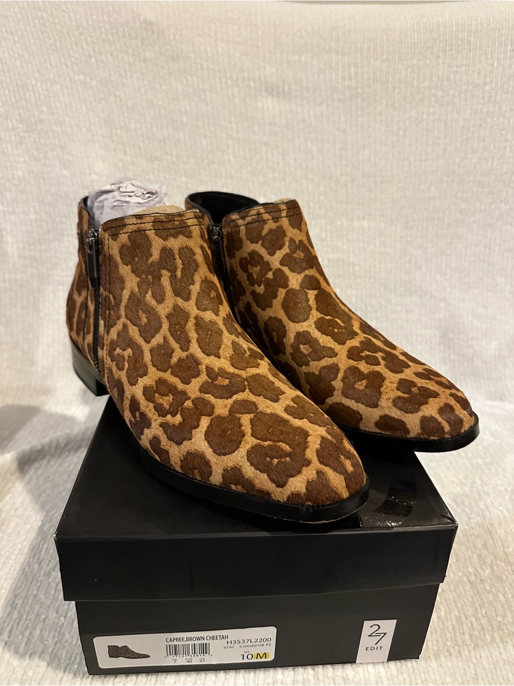 27 EDIT Leopard Print Ankle Booties with Double Side Zip - Brown/Tan Size 10